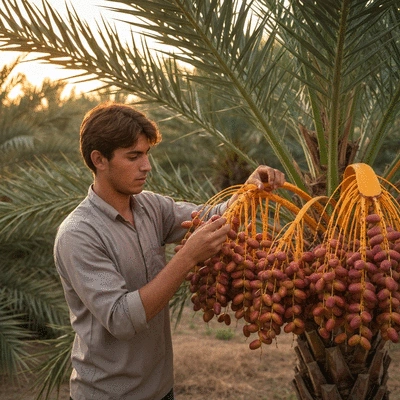 Date farmer inspecting dates during harvest in a date palm grove