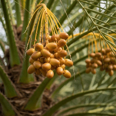 Dates growing on a branch in a lush, green date palm tree