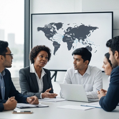 A diverse group of business professionals in a modern office discussing supply chain logistics on a large screen, showing global connections, no text, no words, no typography, no labels, clean image