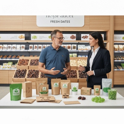 Retailer discussing packaging options with a supplier, showing samples of different sustainable packaging materials for fresh dates