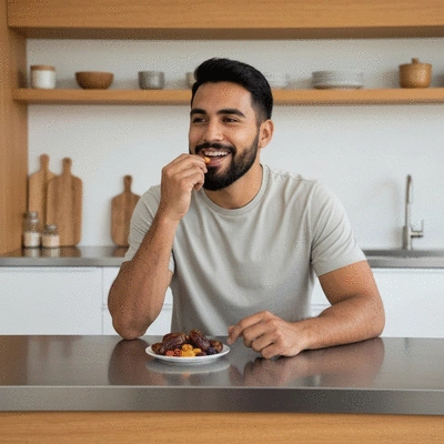 A person enjoying a healthy snack of dates and other dried fruits, representing a balanced diet, no text, no words, no typography, clean image