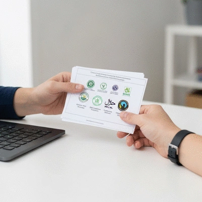 Hand holding a small bundle of documents with various certification logos (organic, halal, fair trade) on a clean desk, no text, no words, no typography, clean image