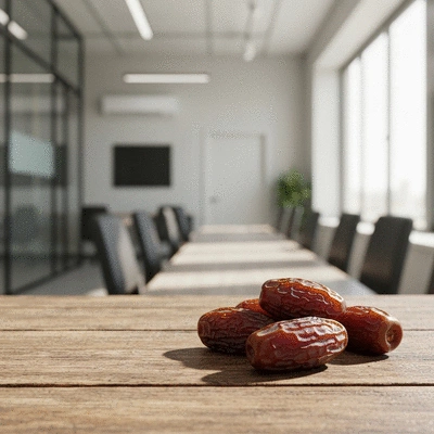 Close-up of fresh dates on a rustic wooden table with a blurred background of a modern office space, no text, no words, no typography, no labels, clean image