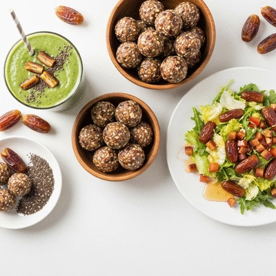 Assortment of dishes featuring dates, such as a date smoothie, energy balls, and a salad with dates, arranged aesthetically on a light background, no text, no words, no typography, clean image