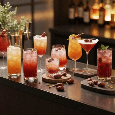 Assortment of date-infused cocktails and mocktails on a stylish bar counter