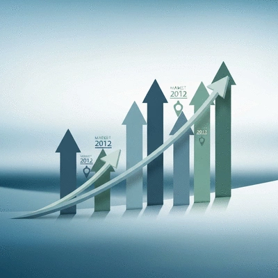 Abstract infographic showing market growth trends with upward arrows and date icons