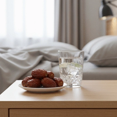Dates on a bedside table with a glass of water, symbolizing a healthy evening snack for better sleep