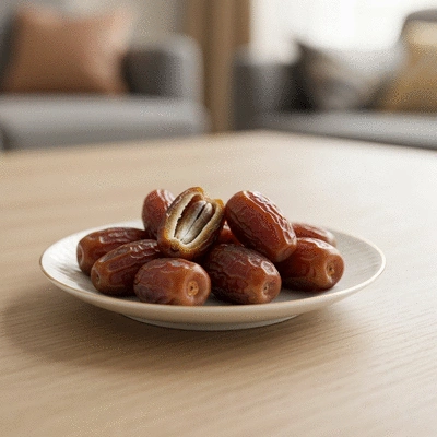 Various dates arranged neatly on a plate, ready to be eaten