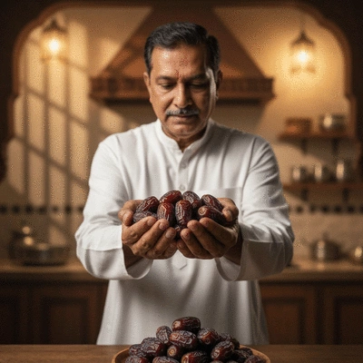 Person holding a handful of Ajwa dates, symbolizing health and tradition, in a warm, inviting setting