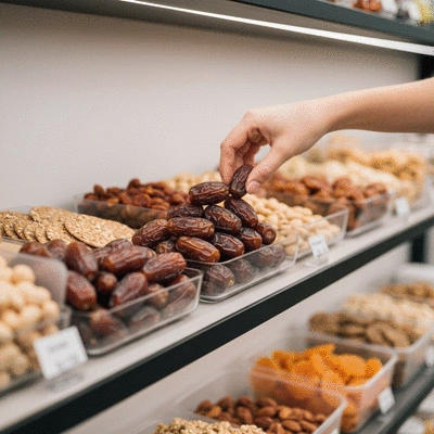 Hand arranging fresh dates in a display with other healthy snacks in a health food store setting